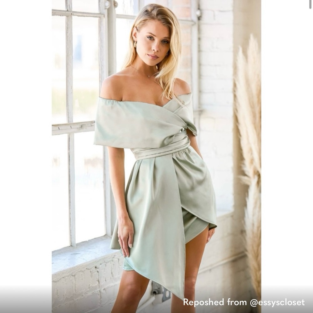 Sage Green Satin Off-the-Shoulder Mini Dress
